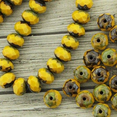 6x4mm Czech Firepolish Rondelles - Mustard Picasso - Pack of 10