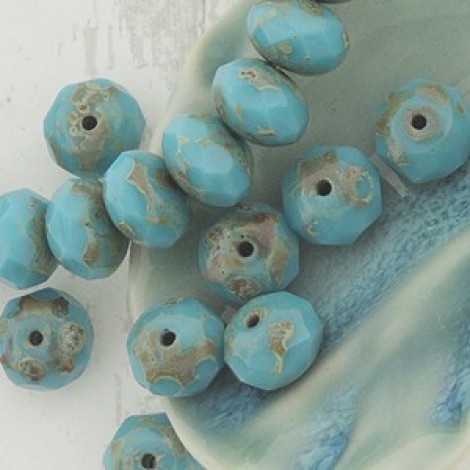8x6mm Czech Firepolish Rondelles - Opaque Sky Blue Picasso - Pack of 10 8x6mm Czech Firepolish Rondelles - Opaque Sky Blue Picasso - Pack of 10
