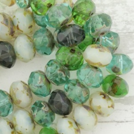 6x8mm Czech Firepolish Rondelles - Green Picasso Mix - Pack of 10