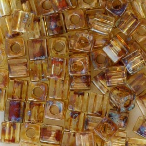 4mm Miyuki Cube Beads - Transparent Light Topaz Picasso - 10gm