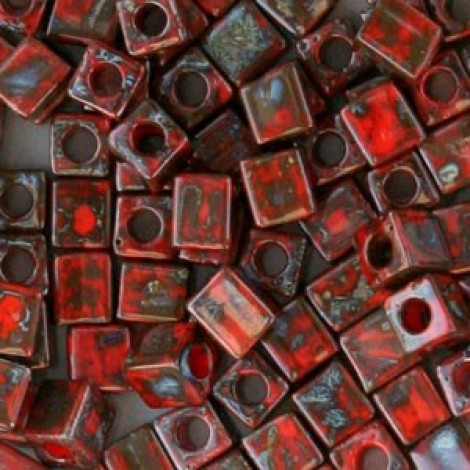 4mm Miyuki Cube Beads - Opaque Red Picasso