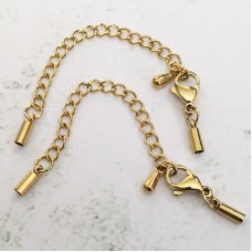 1.5mm ID Gold Stainless Steel Loop End Cord End Caps with Lobster Clasp + Extender Chain