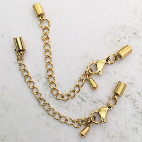 3mm ID Gold Stainless Steel Loop End Cord End Caps with Lobster Clasp + Extender Chain - Per Set