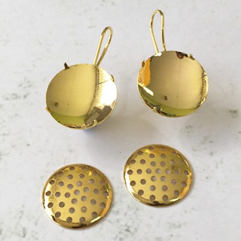 12mm Beadable Sieve Style Round Earwire Settings - Gold Plated