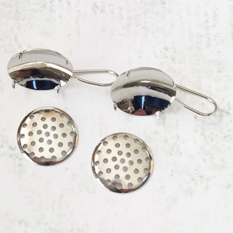 12mm Beadable Sieve Style Round Earwire Settings - Silver Plated
