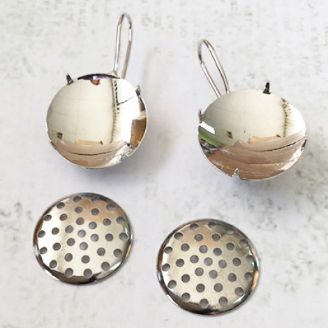 16mm Beadable Sieve Style Round Earwire Settings - Silver Plated