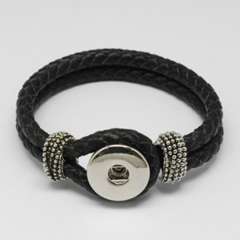 22cm 6mm Black Braided Leather Noosa Style Snap Bracelet