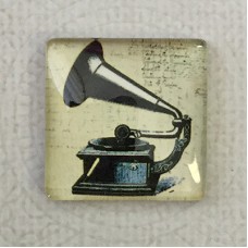25mm Art Glass Backed Square Cabochons - Vintage Steampunk - Gramophone