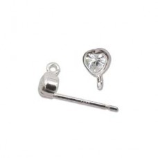 3x3mm Sterling Silver Crystal Heart Earposts w/Loop - Per Pair