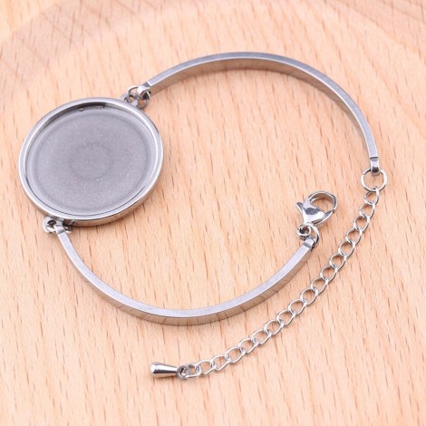 304 Stainless Steel Bracelet with 20mm ID Round Cab Setting & Extension Chain - Small-Medium