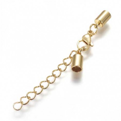 4mm ID Gold Stainless Steel Loop End Cord End Caps with Lobster Clasp + Extender Chain - Per Set