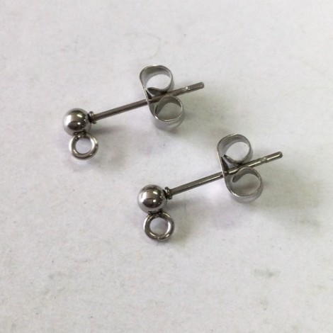 3mm 316 Stainless Steel Ball Posts with Closed Perpendicular Drop Loop with Clutches - 2 Pair