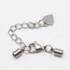 4mm ID Stainless Steel Cord End Caps, Extension Chain w-Heart Drop + Clasp