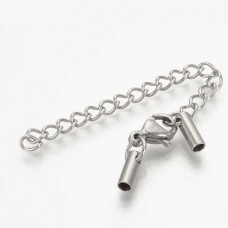 2mm ID Stainless Steel Loop End Cord End Caps with Lobster Clasp + Extender Chain