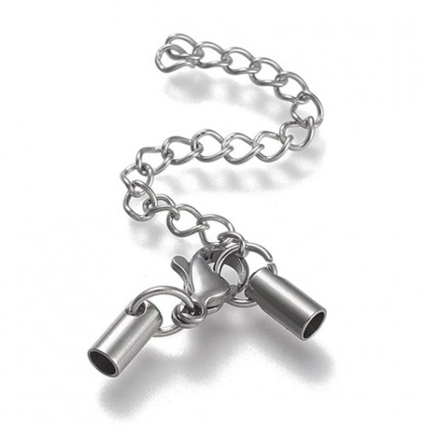 2.5mm ID Stainless Steel Loop End Cord End Caps, Extension Chain + Clasp - Per Set 2.5mm ID Stainless Steel Loop End Cord End Caps, Extension Chain + Clasp - Per Set