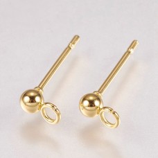 3mm 18K Gold Plated 202 Stainless Steel Ball Posts with Drop Loop - 2 Pair