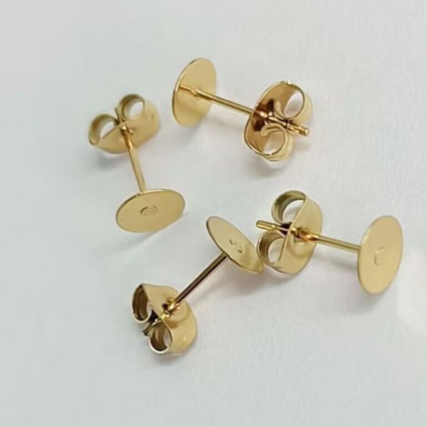 8mm 18K Gold Plated 304 Stainless Steel Flat Pad Earposts with Clutches - 2 Pair