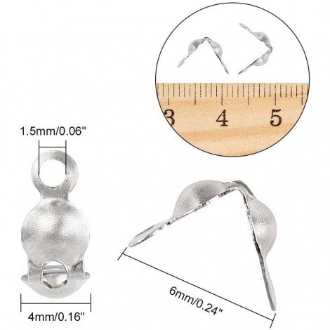 6x4mm (3mm ID) Stainless Steel Fold-over Clamshell Bead Tips - Pack of 50