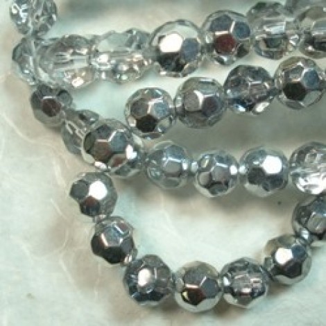 8mm Faceted Glass Round Beads - Silver Half Plated Cry