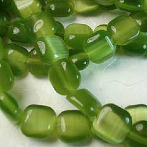 8mm Cats Eye Optic Fibre Square Beads - Olive Green