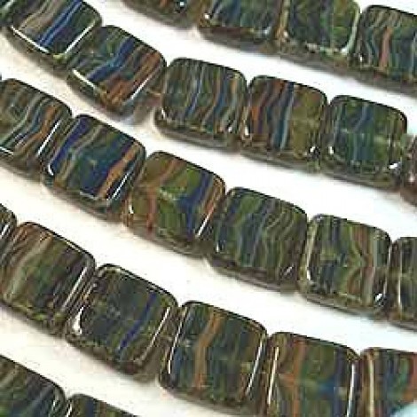 9mm Czech Flat Squares - Blue/Green Swirl - Pack of 10