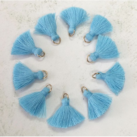 20mm Cotton Mini Tassels with Gold Jumpring - Pack of 10 - Turquoise/Gold