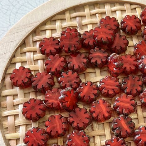 9mm Czech Tablecut Cactus Flower Beads - Ladybug Red with Picasso Finish - Pack of 5