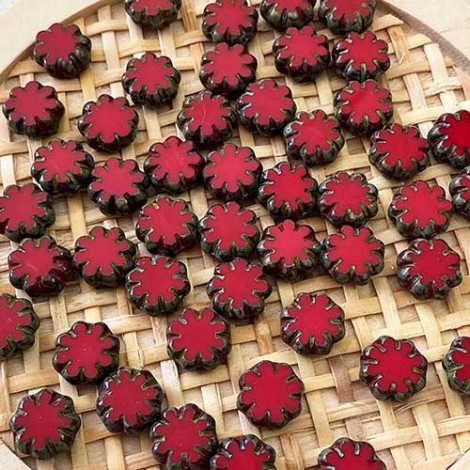 9mm Czech Table Cut Cactus Flower Beads - Red with Picasso Finish - Pack of 5