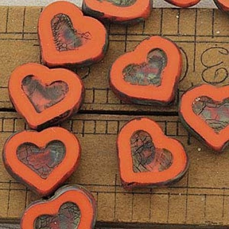 12x14mm Czech Table Cut Hearts - Bright Orange Picasso