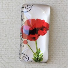 19x38mm Rectangle Art Glass Backed Cabochons - Red Poppies 6 - Each