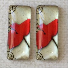 10x25mm Rectangle Art Glass Backed Cabochons - Red Poppies 8 - Per Pair