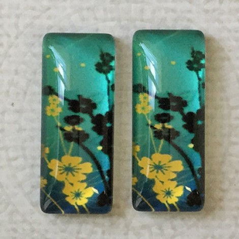 10x25mm Rectangle Art Glass Backed Cabochons - Flowers 5 - Per Pair