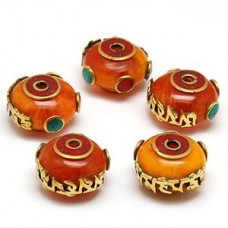 19x11mm Tibetan Style Beeswax, Coral & Turq Rondelles - Each