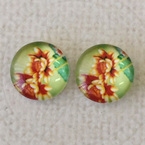 12mm Art Glass Backed Cabochons - Art Flowers Design 9 - Per Pair 12mm Art Glass Backed Cabochons - Art Flowers Design 9 - Per Pair