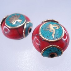 19x13mm Tibetan Brass, Coral & Turquoise Beads - Each