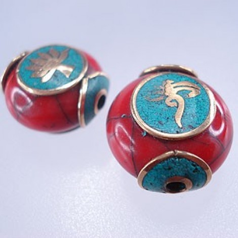 19x13mm Tibetan Brass, Coral & Turquoise Beads