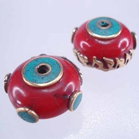 20x12mm Tibetan Brass, Coral & Turquoise Beads
