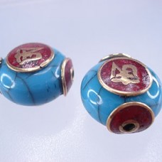 19x13mm Tibetan Brass, Turquoise & Coral Beads - Each