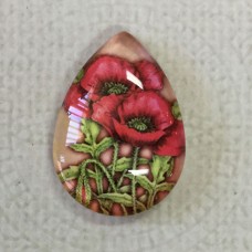 18x25mm Art Glass Backed Teardrop Cabochons - Poppies 7 - each