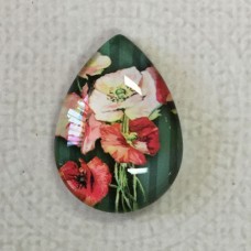 18x25mm Art Glass Backed Teardrop Cabochons - Poppies 10 - each