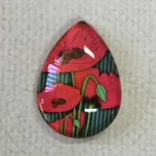 18x25mm Art Glass Backed Teardrop Cabochons - Poppies 9 - each
