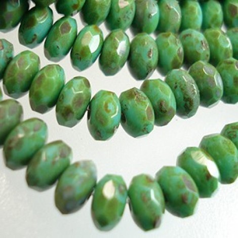 3x7mm Czech Firepolish Rondelles - Turquoise-Full Coat Picasso - Pack of 20