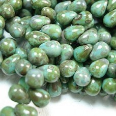 6x4mm Czech Top-Drilled Teardrops - Opaque Turquoise Picasso - Pack of 20
