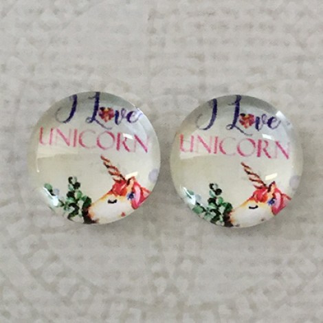 12mm Art Glass Backed Cabochons - I Love Unicorns 1 - Per Pair 12mm Art Glass Backed Cabochons - I Love Unicorns 1 - Per Pair