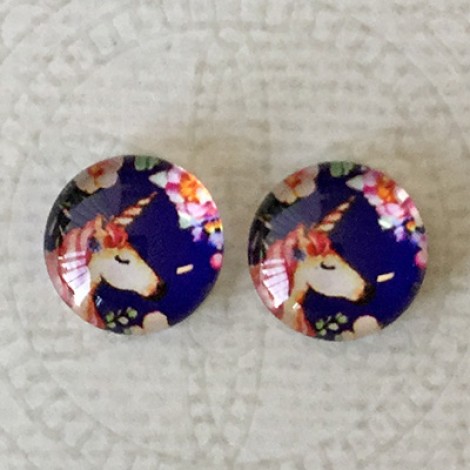 12mm Art Glass Backed Cabochons - I Love Unicorns 11 - Per Pair 12mm Art Glass Backed Cabochons - I Love Unicorns 11 - Per Pair