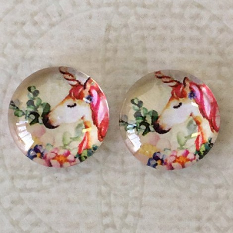 12mm Art Glass Backed Cabochons - I Love Unicorns 12 - Per Pair 12mm Art Glass Backed Cabochons - I Love Unicorns 12 - Per Pair