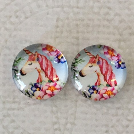 12mm Art Glass Backed Cabochons - I Love Unicorns 5 - Per Pair 12mm Art Glass Backed Cabochons - I Love Unicorns 5 - Per Pair