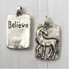Green Girl Studios - 30x16mm Believe Unicorn Pendant - Antique Fine Silver Plated