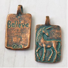 Green Girl Studios - 30x16mm Believe Unicorn Pendant - Copper Verdigris - Each