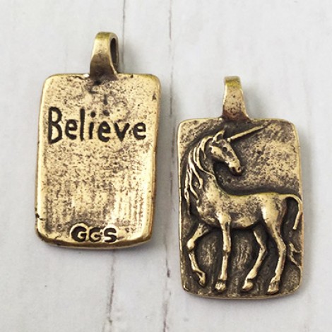 Green Girl Studios - 30x16mm Believe Unicorn Pendant - Antique Bronze
